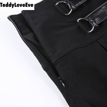 Cute Goth Dark Grunge Punk Pleated High Waisted Rivet Patchwork Mini Skirt Bottoms E-Girl Kawaii Korean Japanese Harajuku Streetwear