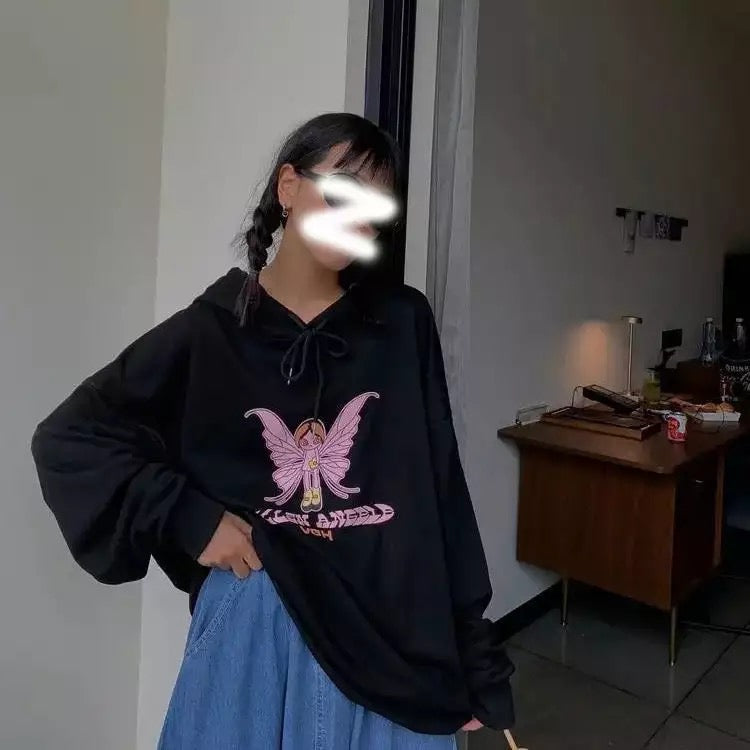 Butterfly Embroidery Hoodie Sweater Sweatshirt Long Sleeve Shirt Pullover Jumper Causal E-Girl Kawaii Korean Japanese Harajuku Streetwear
