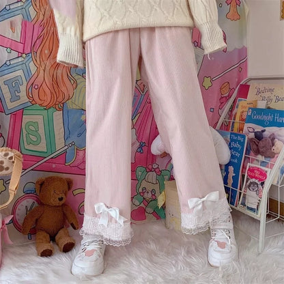 Sweet Bow Lacee Wide Leg High Waist Corduroy Trousers