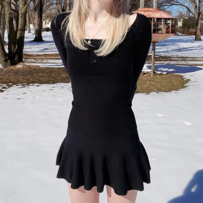 Blue Knit Long Sleeve Button Mini Dress