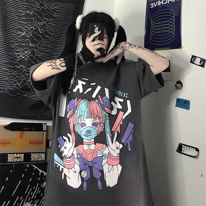 Cute Japanese Girl Punk Goth Print Oversized Short Sleeve Shirt Tee T-shirt E-Girl Kawaii Korean Japanese Harajuku Retro Streetwear Aesthetic