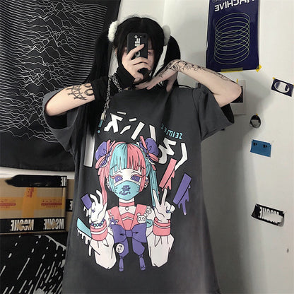 Cute Japanese Girl Punk Goth Print Oversized Short Sleeve Shirt Tee T-shirt E-Girl Kawaii Korean Japanese Harajuku Retro Streetwear Aesthetic