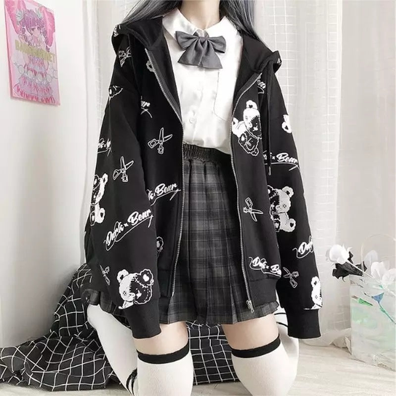 Teddy Bear Scissors Print Hoodie Zip Up Sweater Sweatshirt Long Sleeve Pullover Jumper Goth Punk E-Girl Kawaii Korean Japanese Harajuku Streetwear
