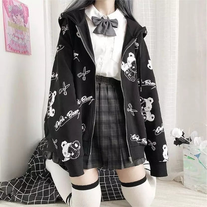 Teddy Bear Scissors Print Hoodie Zip Up Sweater Sweatshirt Long Sleeve Pullover Jumper Goth Punk E-Girl Kawaii Korean Japanese Harajuku Streetwear