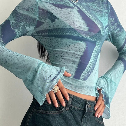Starfish Mesh Graphic Print Flare Long Sleeve Shirt