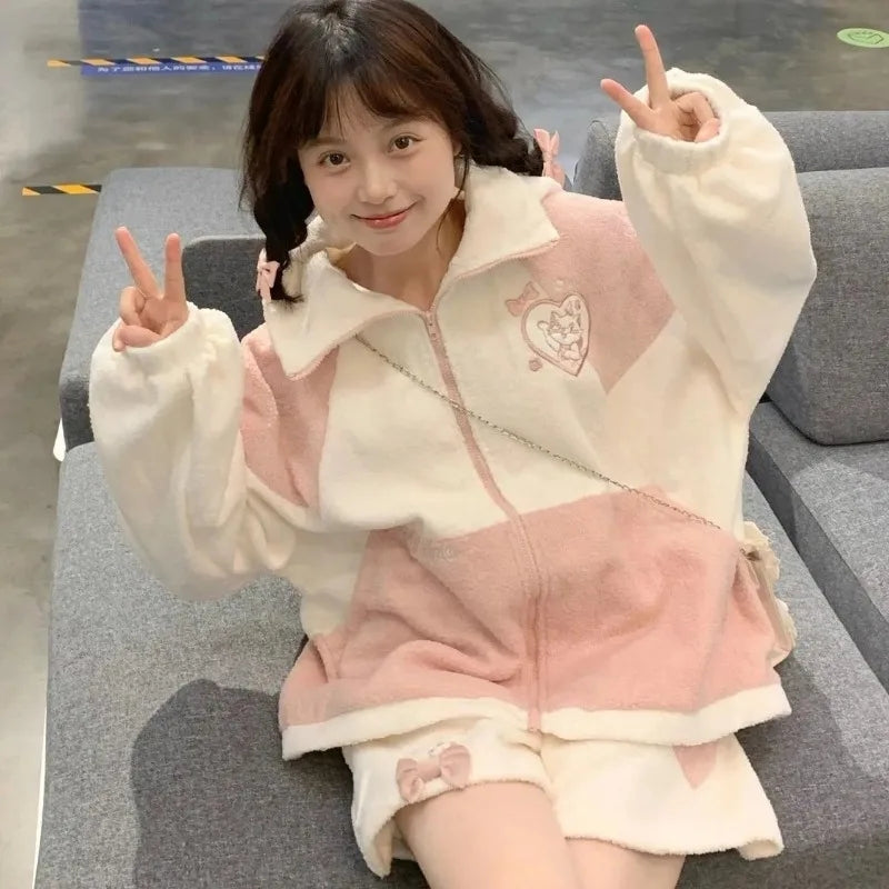 Pink Cat Cartoon Patchwork Jacket