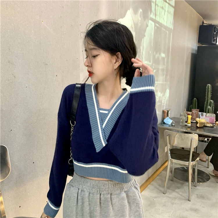 Panelled V Neck Cropped Loose Long Sleeve Jumper