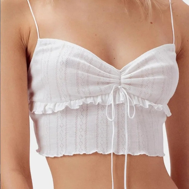 White Ruffle V Neck Lace Up Camisole