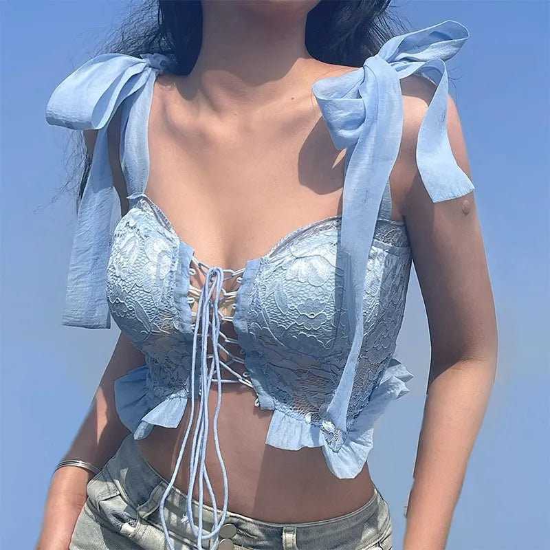 Blue Lace Bandage Crop Top
