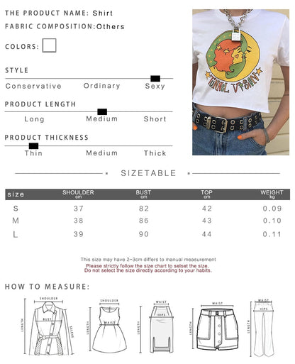 Cute White Girl Cartoon Moon Star Casual Crop Short Sleeve Shirt Tee T-shirt E-Girl Kawaii Korean Japanese Harajuku Chinese Retro Streetwear Aesthetic