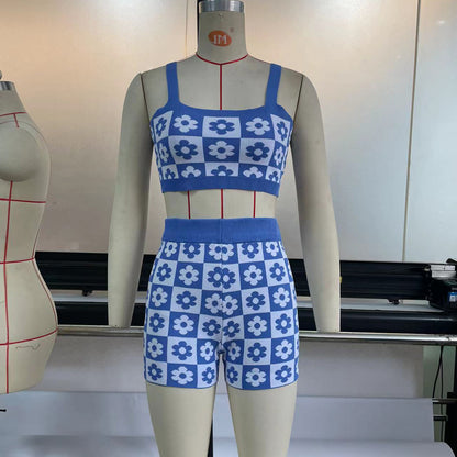 Blue Flower Checkboard Tank Top + Shorts