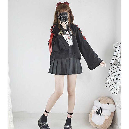 Cute Vintage Anime Fox Print Lace Up Long Sleeve Shirt Hoodie Sweatshirt Top Punk Goth E-Girl Kawaii Korean Japanese Harajuku Streetwear