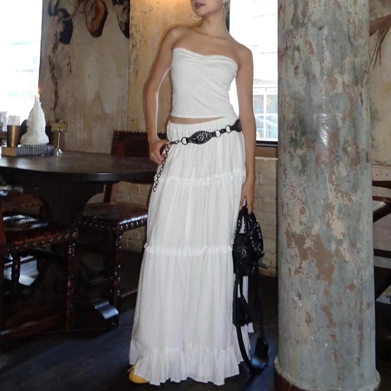2PCS Strapless Tank Top + Pleated Long Skirt