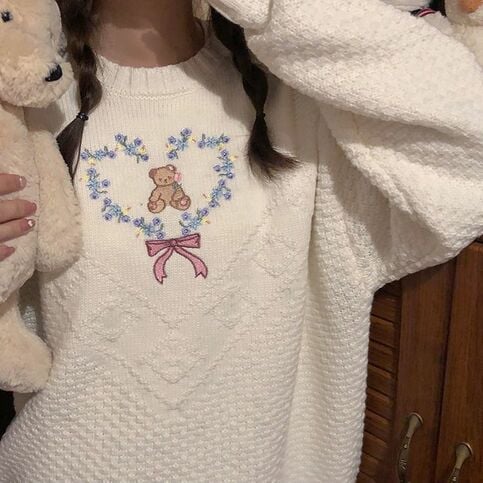 Heart Bear Flower Bow Embroidery Knit Sweater