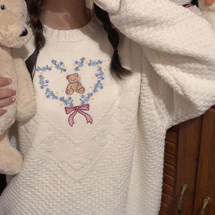 Heart Bear Flower Bow Embroidery Knit Sweater