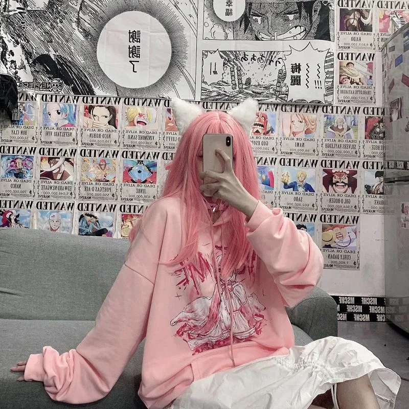 Pastel Pink Anime Girl Cartoon Loose Casual Hoodie Sweatshirt Sweater Long Sleeve Pullover Jumper E-Girl Kawaii Korean Japanese Harajuku Streetwear