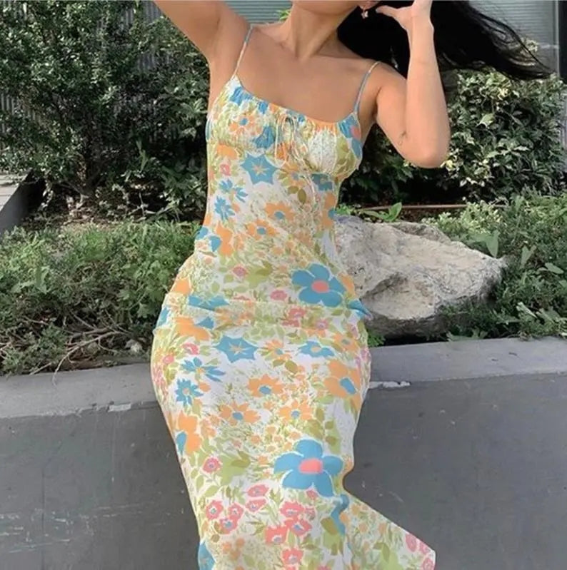 Floral Square Collar Long Bodycon Dress