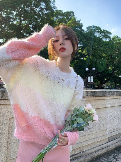 Pink Ombre Hollow Out Sweater