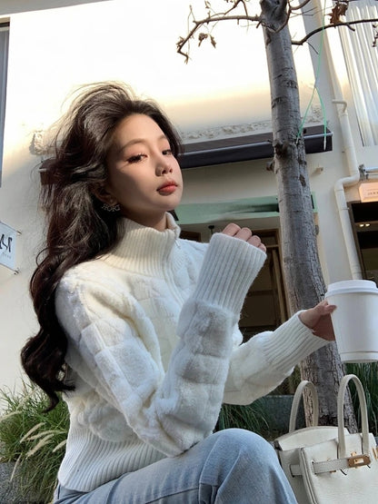 White Turtleneck Zipper Sweater