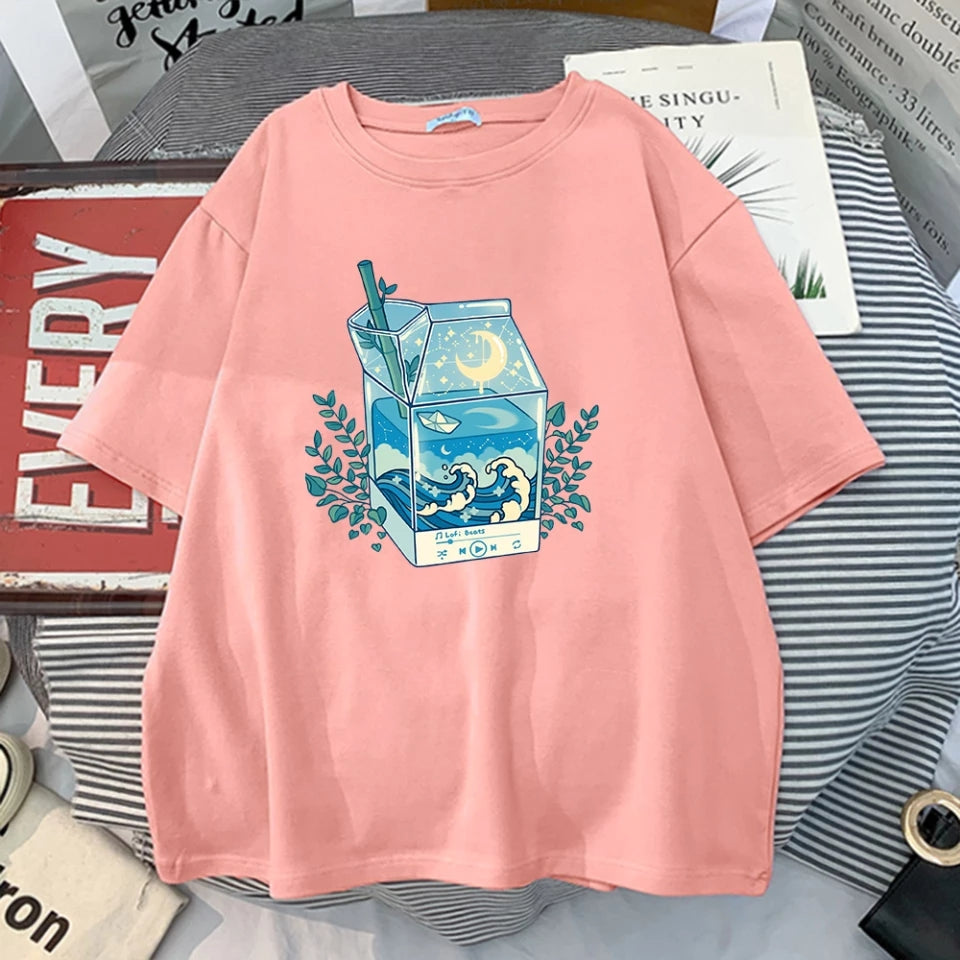Cute Milk Box Moonlight Waves Print Crewneck Oversized Short Sleeve Shirt Aesthetic Casual E-Girl Kawaii Korean Japanese Harajuku