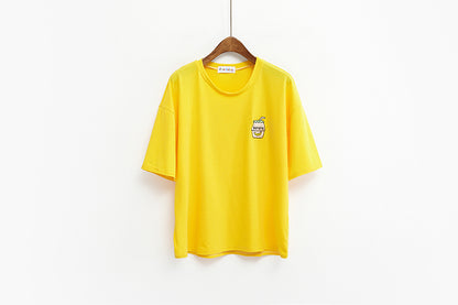 Cute Summer Banana Milk Drink Embroidery Yellow White Casual Short Sleeve Tee Shirt T-shirt Top E-Girl Kawaii Korean Japanese Harajuku Streetwear