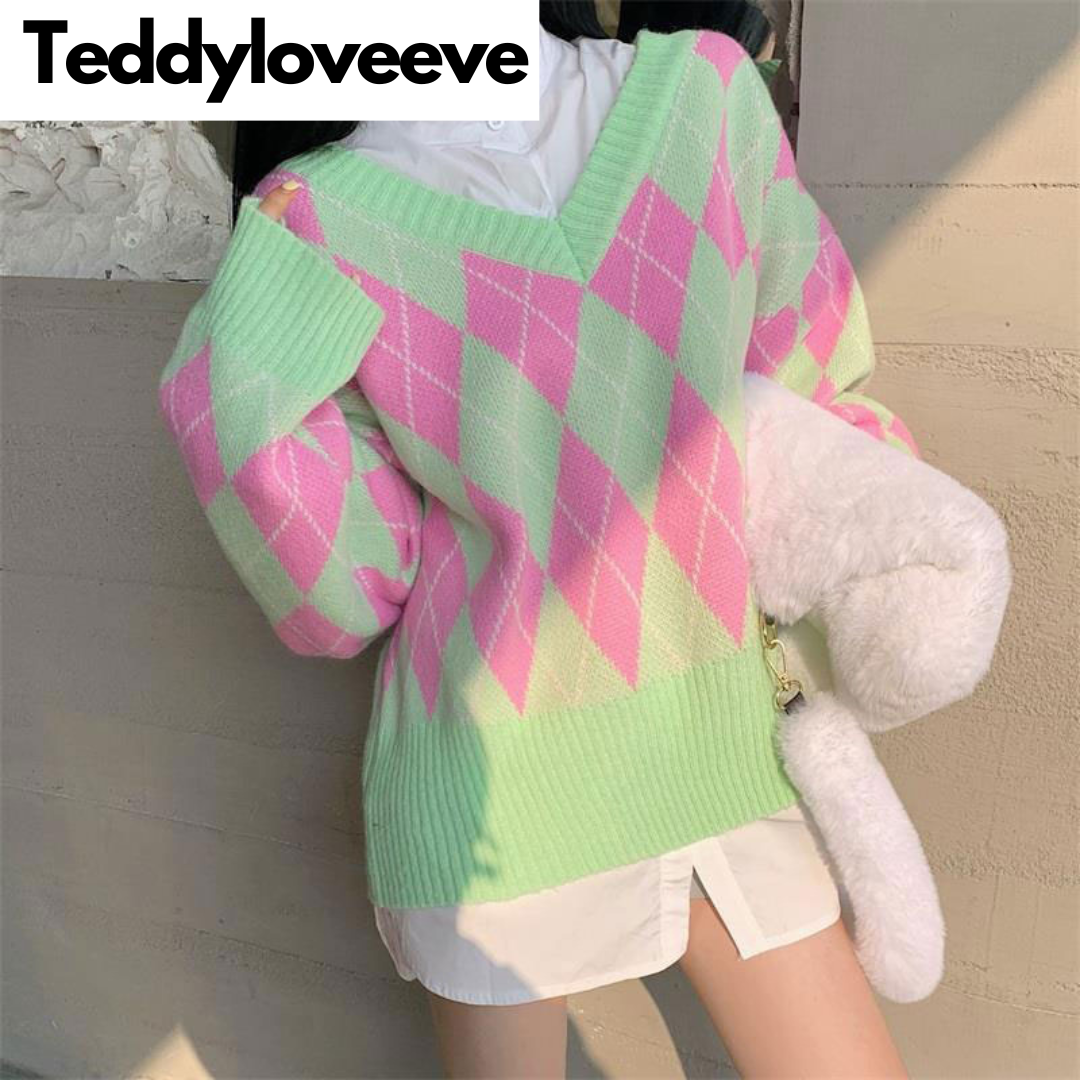 Green & Pink Lattice V Neck Sweater