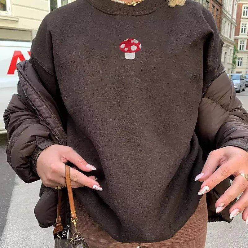 Cute Brown Mushroom Embroidery 90s Vintage Crew Neck Sweater Sweatshirt Hoodie Long Sleeve Aesthetic E-Girl Kawaii Korean Japanese Harajuku Streetwear