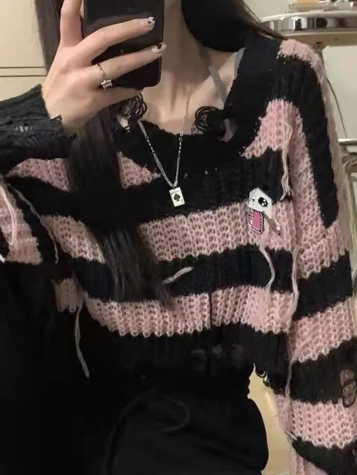 Black & Pink Striped Knit Cropped Pullover