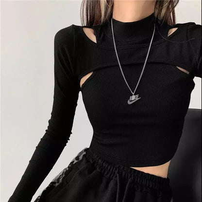 Cute 2pcs K-pop Black White Hollow Knit Long Sleeve Shirt Crop Top Fitness Streetwear Summer Aesthetic Casual E-Girl Kawaii Korean Japanese Harajuku