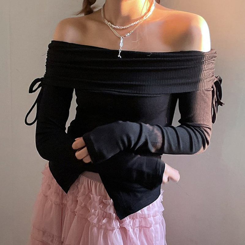 Pink Slash Neck Drawstring Long Sleeve Shirt