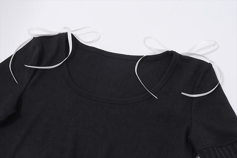 Bow Knit Square Neck Long Sleeve Top