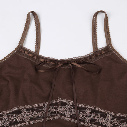 Brown Lace Patchwork Cross Bandage Midi Dress