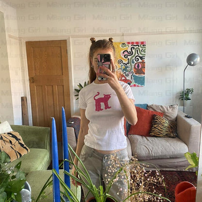 Cat Print Crew Neck Crop Top