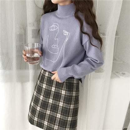 Cute Geometric Face Knit Turtleneck Oversized Sweater Long Sleeve Shirt Pullover Sweatshirt E-Girl Kawaii Korean Japanese Harajuku Retro Streetwear