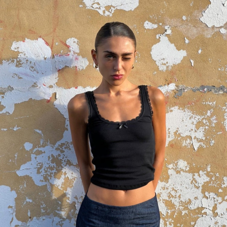 Black Bow Lace Trim Tank Top