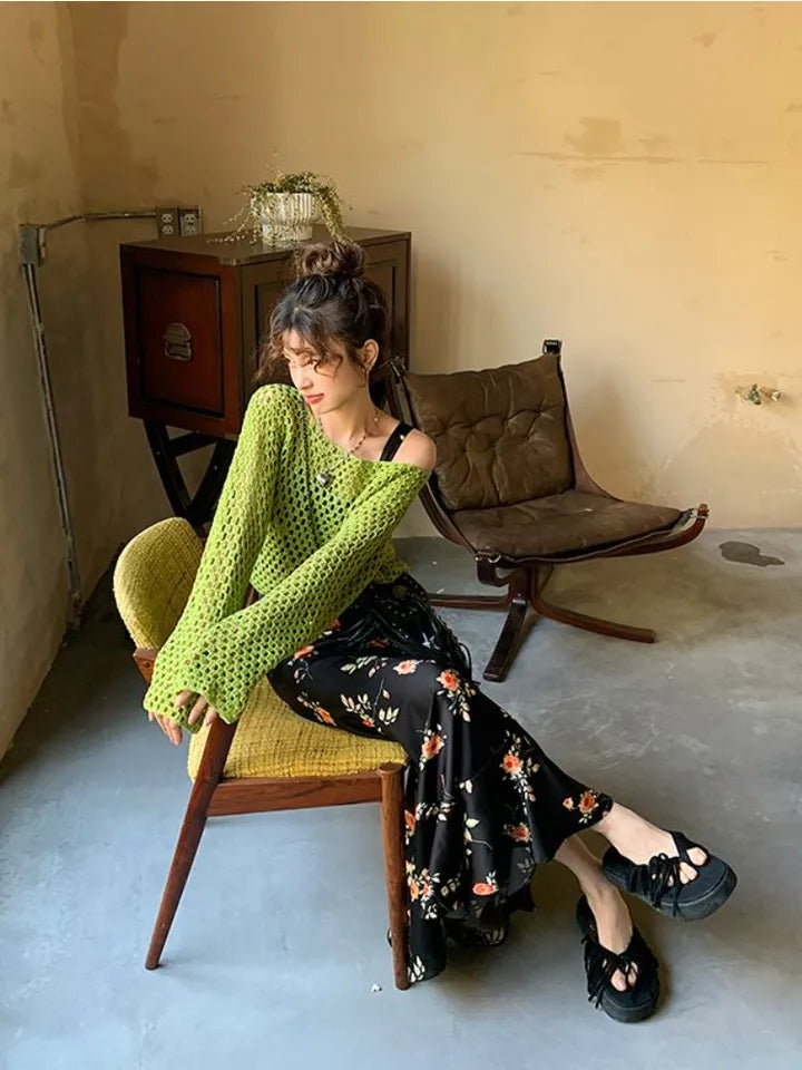 Green Hollow Out Oversized Smock