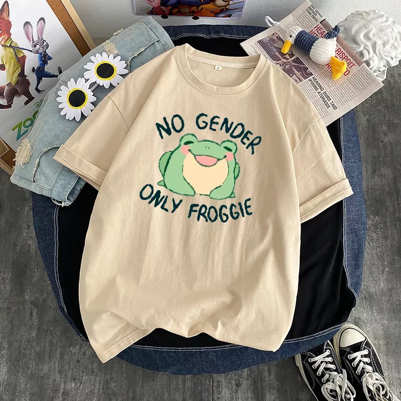 Cute Green Frog No Gender Funny Cartoon Print Short Sleeve T-shirt Oversize Loose Aesthetic Casual Summer E-Girl Kawaii Korean Japanese Haraju