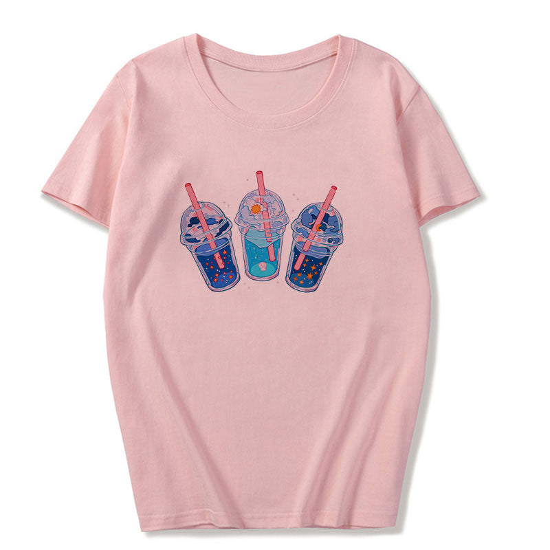 Cute Pink Milkshakes Drink Summer Pastel Print Short Sleeve Shirt Tee T-shirt E-Girl Kawaii Korean Japanese Harajuku Retro Streetwear Aesthetic