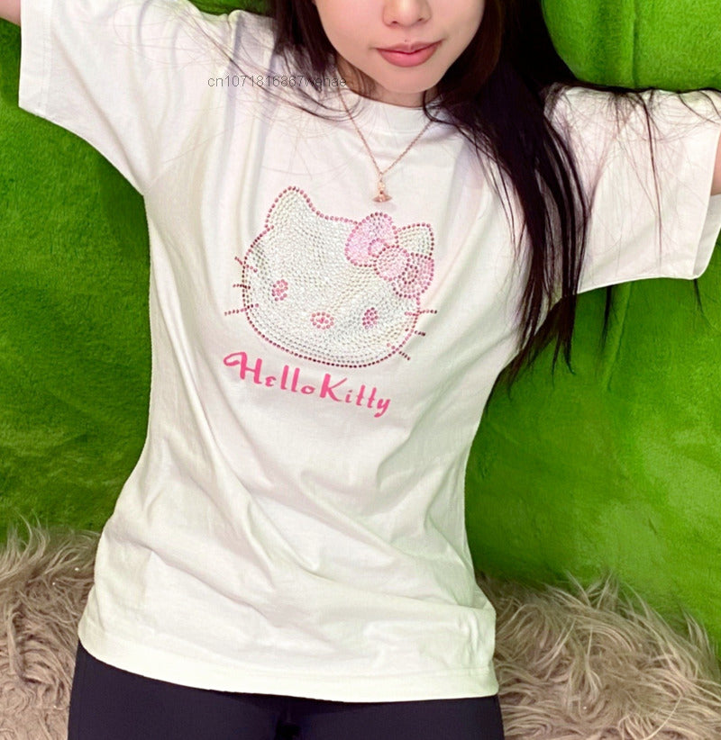 Kitty Cat Anime Rhinestone Short Sleeve T-shirt