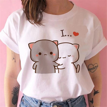 Cute White Cat Kitten Cartoon Print Loose Short Sleeve Shirt Aesthetic Casual E-Girl Kawaii Korean Japanese Harajuku