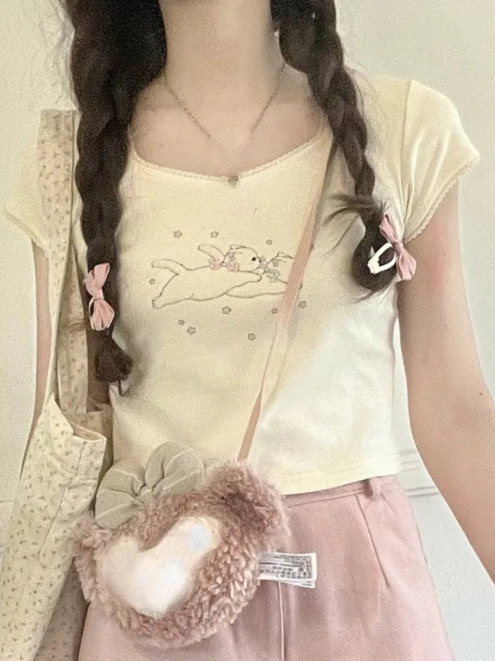 Rabbit Kitten Lace Trim Short Sleeve T-shirt