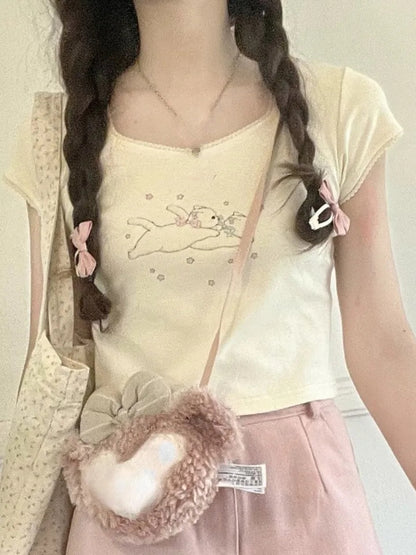 Rabbit Kitten Lace Trim Short Sleeve T-shirt