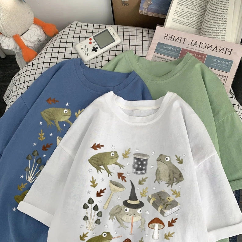 Cute Frog Magic Mushroom Witchcraft Print Short Sleeve T- Shirt Top Aesthetic Casual Summer E-Girl Kawaii Korean Japanese Harajuku