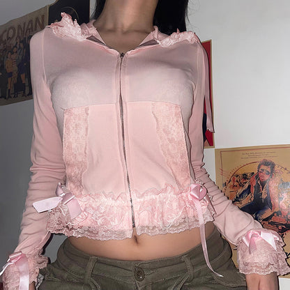 Pink Lace Ruffle Hem Cropped Zipper Hoodie