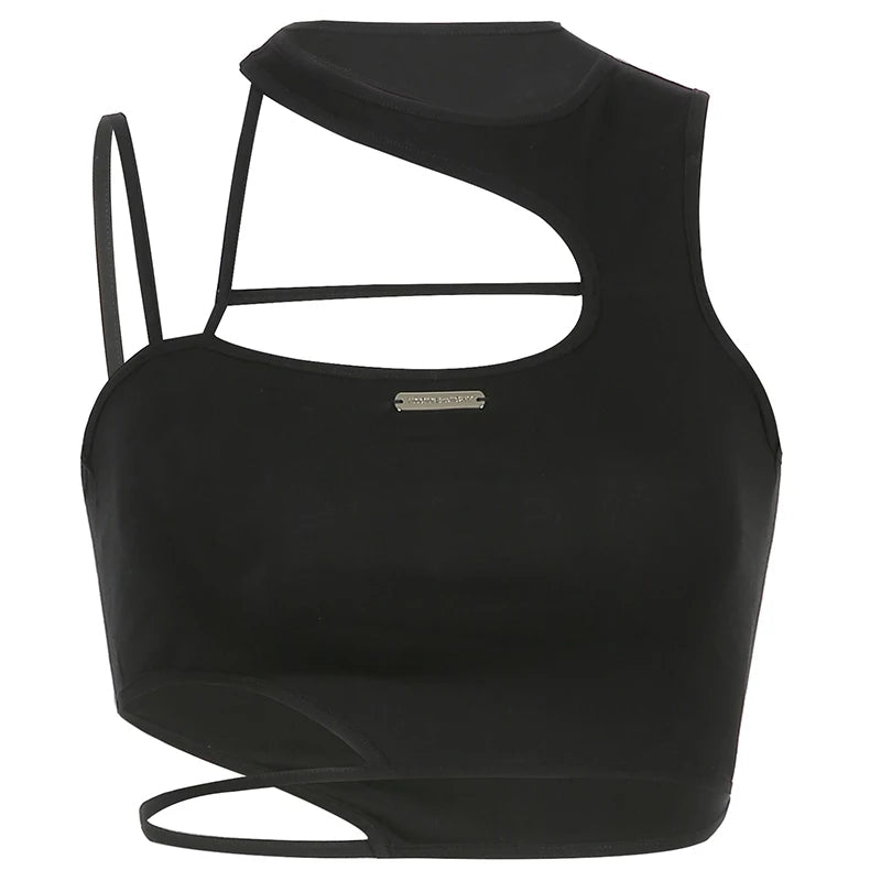 Cute Sexy Black Strappy Hollow Out Tank Crop Top Sleeveless Shirt Punk Goth Summer Aesthetic Casual E-Girl Kawaii Korean Japanese Harajuku