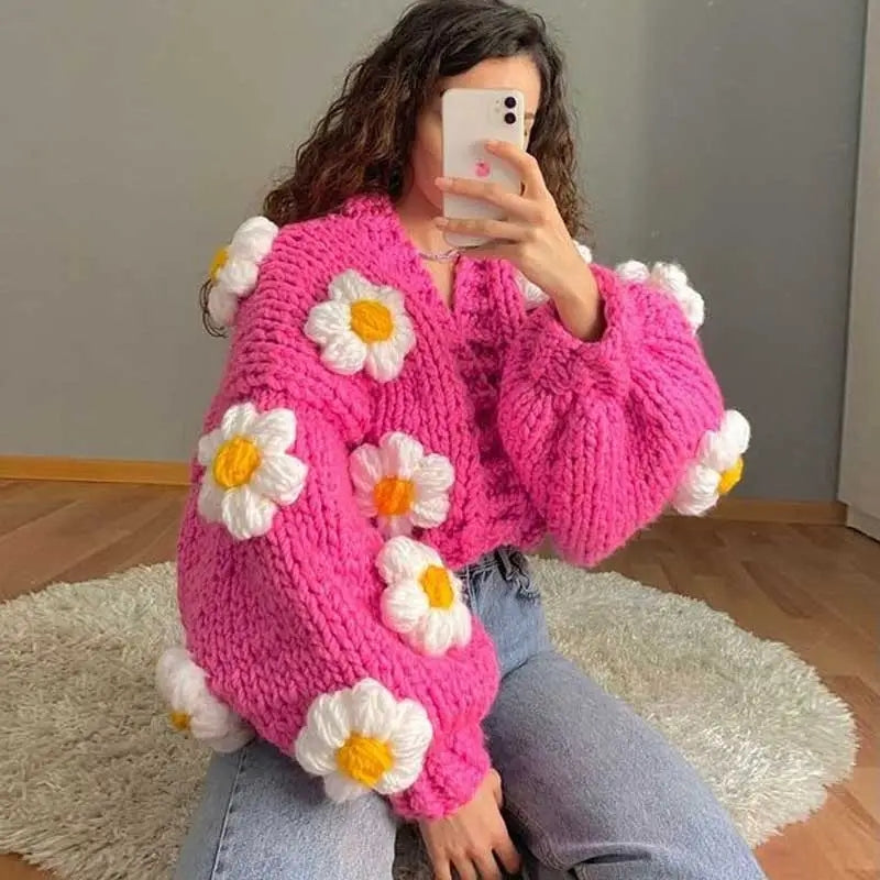 3D Flower Crochet Knit Cardigan