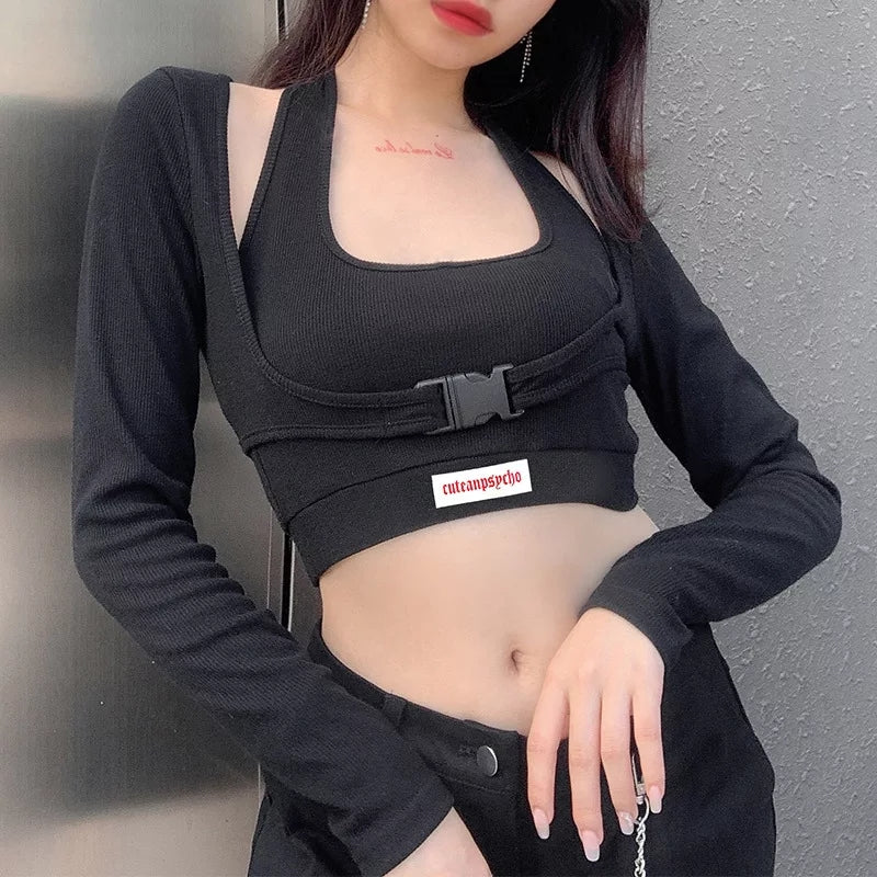 Cute Sexy 2pcs Set Black Halter Crop Top Tank Buckle Long Sleeve T-shirt Tracksuit Summer Aesthetic Casual E-Girl Kawaii Korean Japanese Harajuku