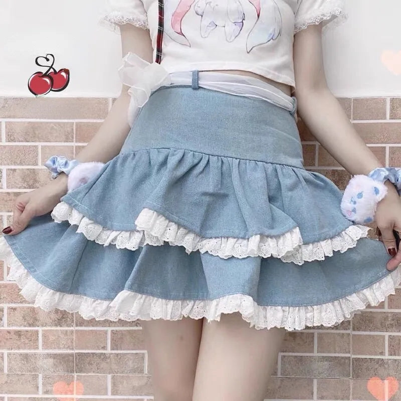 Blue Ruffle Lace Patchwork Mini Skirt