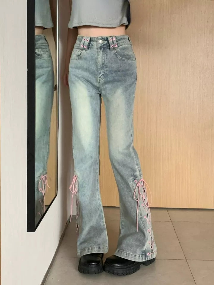 Pink Lace Up Bow Flare High Waist Jeans