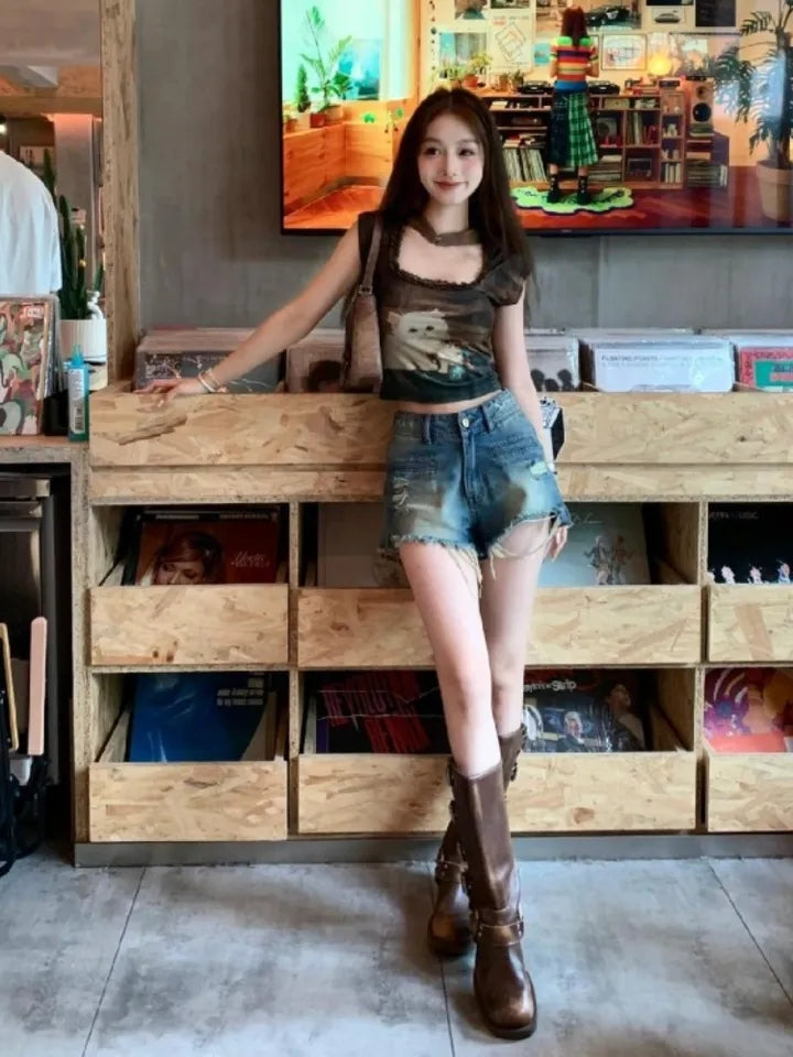 Vintage Brown Cat Print Crop Top